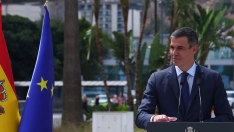 El presidente del Gobierno, Pedro Sánchez, durante la declaración institucional en La Línea de la Concepción este miércoles. Pool Moncloa / Fernando Calvo