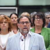 El presidente de ERC, Oriol Junqueras, durante una rueda de prensa, en la sede de ERC. David Zorrakino / Europa Press