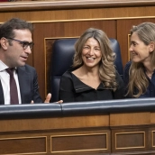 El vicepresidente primero y ministro de Economía, Comercio y Empresa, Carlos Cuerpo; la vicepresidenta segunda y ministra de Trabajo y Economía Social, Yolanda Díaz, y la vicepresidenta tercera y ministra para la Transición Ecológica y el Reto Demográfico, Sara Aagesen.  Alberto Ortega / Europa Press