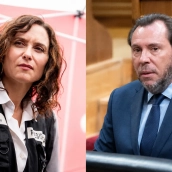 La presidenta de la Comunidad de Madrid, Isabel Díaz Ayuso (i), y el ministro de Transportes, Óscar Puente (d). Elaboración propia (Imágenes de Europa Press)
