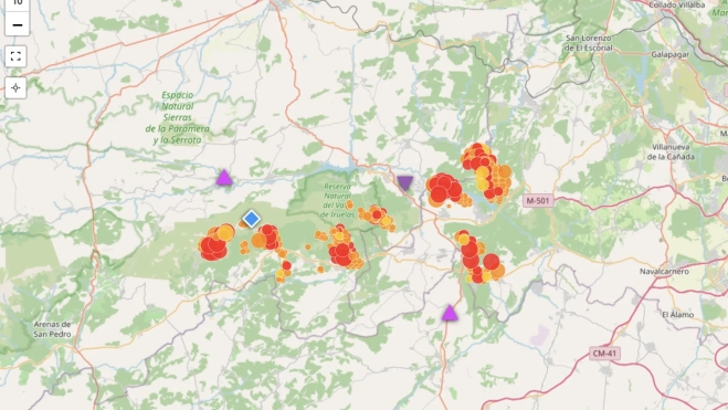 Imagen satelital del alcance del fuego en Burgohondo, Ávila, con cercanía al fuego del oeste de Madrid. Fuente: IncendiosEspaña.es