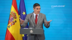 El presidente del Gobierno, Pedro Sánchez, comparece ante los medios en el Complejo de la Moncloa. Alejandro Martínez Vélez / Europa Press