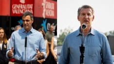 A la izquierda: El presidente del Gobierno, Pedro Sánchez, en el Puesto de Mando Avanzado de Vall d'Uixó. A la derecha: El presidente del Partido Popular, Alberto Nuñez Feijóo, en el Puesto de Mando Avanzado en Navalcarnero. Elaboración propia: Imágenes de Europa Press