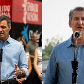 A la izquierda: El presidente del Gobierno, Pedro Sánchez, en el Puesto de Mando Avanzado de Vall d'Uixó. A la derecha: El presidente del Partido Popular, Alberto Nuñez Feijóo, en el Puesto de Mando Avanzado en Navalcarnero. Elaboración propia: Imágenes de Europa Press A la izquierda: El presidente del Gobierno, Pedro Sánchez, en el Puesto de Mando Avanzado de Vall d'Uixó. A la derecha: El presidente del Partido Popular, Alberto Nuñez Feijóo, en el Puesto de Mando Avanzado en Navalcarnero. Elaboración propia: Imágenes de Europa Press