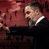 El líder de la ultraderecha Vox, Santiago Abascal; y los inmigrantes intentando entrar en Ceuta. Elaboración propia (Imágenes de Europa Press)