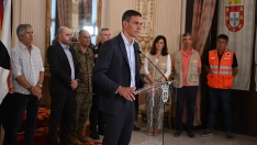 El presidente del Gobierno, Pedro Sánchez, durante la declaración institucional que ha realizado al término de su visita a Ceuta. Pool Moncloa / Borja Puig de la Bellacasa