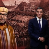 El rey Mohamed VI de Marruecos (i); el presidente del Gobierno de España, Pedro Sánchez (c) y el presidente de la República Argelina Democrática y Popular, Abdelmajid Tebboune(d). De fondo, decenas de migrantes intentan traspasar la frontera entre Ceuta y Marruecos. Elaboración propia (Imágenes de Europa Press y Pool Moncloa/Fernando Calvo) El rey Mohamed VI de Marruecos (i); el presidente del Gobierno de España, Pedro Sánchez (c) y el presidente de la República Argelina Democrática y Popular, Abdelmajid Tebboune(d). De fondo, decenas de migrantes intentan traspasar la frontera entre Ceuta y Marruecos. Elaboración propia (Imágenes de Europa Press y Pool Moncloa/Fernando Calvo)