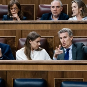 El secretario general del PP, Miguel Tellado; la portavoz del PP en el Congreso, Ester Muñoz; y el presidente del Partido Popular, Alberto Nuñez Feijóo. Carlos Luján / Europa Press