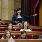 La diputada de la ultraderecha Aliança Catalana, Silvia Orriols, durante una sesión plenaria, en el Parlament de Catalunya. David Zorrakino / Europa Press