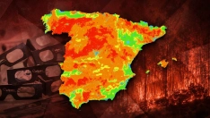 Mapa de AEMET sobre el riesgo de incendios el miércoles 12 de agosto, coincidiendo con el Eclipse solar. Elaboración propia (Imágenes de fondo de Europa Press)