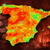 Mapa de AEMET sobre el riesgo de incendios el miércoles 12 de agosto, coincidiendo con el Eclipse solar. Elaboración propia (Imágenes de fondo de Europa Press)