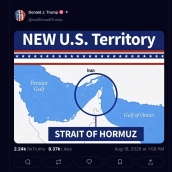 Post del presidente de Estados Unidos, Donald Trump, en su red social 'Truth Social', reclamando como territorio estadounidense el Estrecho de Ormuz. Fuente: @realDonaldTrump