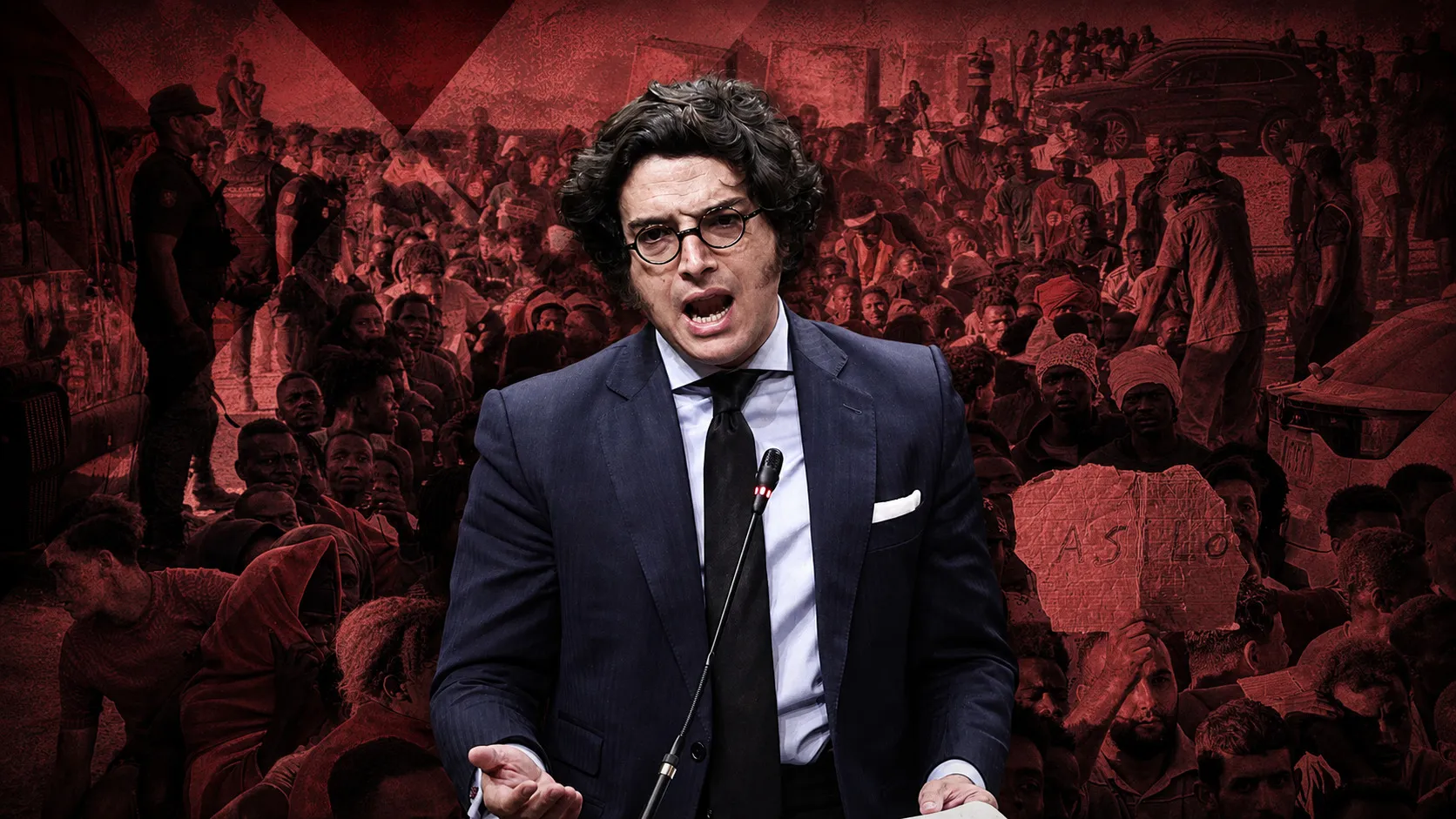 El diputado de la ultraderecha VOX José María Figaredo durante una sesión plenaria en el Congreso de los Diputados. De fondo, migrantes en Ceuta. Elaboración propia (Imágenes de Europa Press)