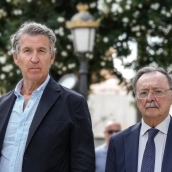 El presidente del PP, Alberto Núñez Feijóo, y el presidente de Ceuta, Juan Jesús Vivas, este miércoles. Fuente: PP/Tarek