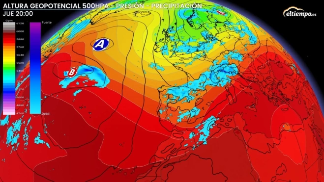 Una vaguada y una masa de aire polar llegarán en las próximas horas aumentando la inestabilidad en España. Mapa: Eltiempo.es Una vaguada y una masa de aire polar llegarán en las próximas horas aumentando la inestabilidad en España. Mapa: Eltiempo.es