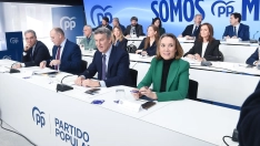 El presidente del Partido Popular, Alberto Núñez Feijóo, preside la reunión de la Junta Directiva Nacional del partido, junto a Elías Bendodo, Miguel Tellado, y Cuca Gamarra.  Gustavo Valiente / Europa Press