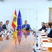 El presidente del Gobierno, Pedro Sánchez, durante la reunión del Comité Especializado para el seguimiento y la coordinación de las actuaciones en Ceuta el pasado viernes 28 de agosto. Pool Moncloa/ Fernando Calvo