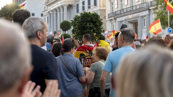 Un manifestante porta una bandera con simbología franquista frente al Congreso, en Madrid, durante una protesta que acabó entre tensión y cargas policiales. Alberto Ortega / Europa Press