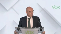 El eurodiputado de la ultraderecha Vox, Jorge Buxadé, en rueda de prensa esta mañana. Fuente: @vox_es en X