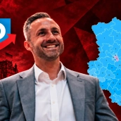 El candidato ganador de la ultraderechista Alternativa para Alemania (AfD), Ulrich Siegmund. A su derecha, el mapa electoral (Fuente: Gust Justice). Elaboración propia (Imágenes de X)