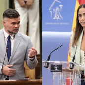 El portavoz de ERC en el Congreso, Gabriel Rufián (i); y la diputada de Más Madrid (Sumar), Tesh Sidi (d). Elaboración propia (imágenes de Europa Press)