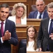 El presidente del Gobierno, Pedro Sánchez (i); y el líder del Partido Popular, Alberto Núñez Feijóo (d), en el Congreso de los Diputados. Elaboración propia (Imágenes de Europa Press)