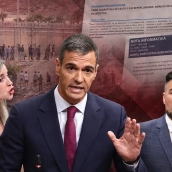 Pedro Sánchez, Verónica Martínez Barbero y Gabriel Rufián sobre uno de los documentos desclasificados y una imagen de la frontera del Tarajal durante la entrada masiva en Ceuta. Elaboración propia (Imágenes de Europa Press)
