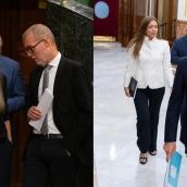 La portavoz de Junts en el Congreso, Miriam Nogueras (i); y el presidente del PP, Alberto Núñez Feijóo (d), hoy en el Congreso de los Diputados. Elaboración propia (Imágenes de Europa Press)