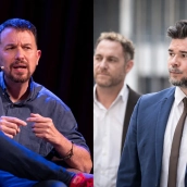 El exvicepresidente del Gobierno y exlíder de Podemos, Pablo Iglesias (i); y el portavoz de ERC en el Congreso, Gabriel Rufián (d). Elaboración propia (Imágenes de Europa Press)