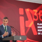 El presidente del Gobierno, Pedro Sánchez, durante su intervención en el acto "IA360: Plan para un despliegue responsable de la IA". Fuente: Pool Moncloa/Sandra Armada