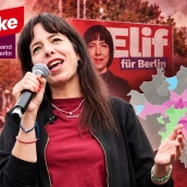 Elif Eralp, la candidata de Die Linke que gobernará Berlín tras ganar las elecciones regionales. Elaboración propia (Imágenes de Die Linke y X; mapa de Wikipedia)