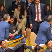 La presidenta de Venezuela, Delcy Rodríguez, saluda al presidente de España, Pedro Sánchez, en la Asamblea General de la ONU. Fuente: X