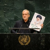El presidente de Irán, Masoud Pezeshkian, durante su intervención en la Asamblea General de Naciones Unidas hoy. Fuente: UN Photo/Loey Felipe