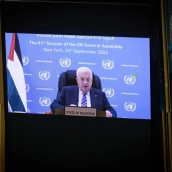El presidente de la Autoridad Palestina durante su intervención grabada en la Asamblea General de Naciones Unidas. Fuente: UN Photo/Loey Felipe