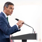 El presidente del Gobierno, Pedro Sánchez, interviene durante la presentación del acto ‘IA360'