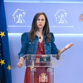 La secretaria general de Podemos, Ione Belarra, durante una rueda de prensa, en el Congreso de los Diputados. Gustavo Valiente / Europa Press