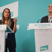 La portavoz en el Congreso de Junts, Miriam Nogueras, y el secretario general de Junts, Jordi Turull, durante una rueda de prensa. Foto de archivo: Alberto Paredes / Europa Press