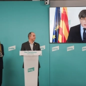 La portavoz en el Congreso de Junts, Miriam Nogueras, el secretario general de Junts, Jordi Turull, y el presidente de Junts, Carles Puigdemont. Alberto Paredes / Europa Press
