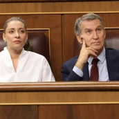 La portavoz del PP en el Congreso, Ester Muñoz y el presidente del PP, Alberto Núñez Feijóo, en el Congreso de los Diputados. Marta Fernández / Europa Press