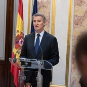 El presidente del Partido Popular, Alberto Núñez Feijóo, en rueda de prensa tras la votación en el Congreso de los Diputados. Jesús Hellín / Europa Press