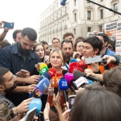 La portavoz del Sindicato de Inquilinas e Inquilinos de Madrid, Valeria Racu, en declaración a los medios. Gustavo Valiente / Europa Press