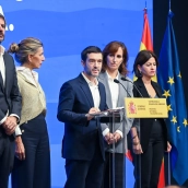 El ministro de Cultura, Ernest Urtasun; la vicepresidenta seguda y ministra de Trabajo y Economía Social, Yolanda Díaz; el ministro de Derechos Sociales, Consumo y Agenda 2030, Pablo Bustinduy; la ministra de Sanidad, Mónica García, y la ministra de Juventud e Infancia, Sira Rego.Gustavo Valiente / Europa Press