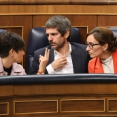 La ministra de Vivienda, Isabel Rodríguez, el ministro de Cultura, Ernest Urtasun, y la ministra de Sanidad, Mónica García. Marta Fernández / Europa Press
