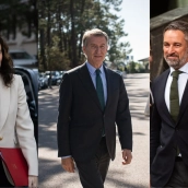 Isabel Díaz Ayuso, Alberto Núñes Feijóo y Santiago Abascal. Elaboración propia. Fotos: Europa Press