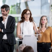 La ministra de Sanidad, Mónica García, y el ministro de Cultura, Ernest Urtasun, durante una rueda de prensa de los partidos que integran el espacio conformado por Movimiento Sumar, Más Madrid, Izquierda Unida y Comuns, a 5 de octubre de 2026, en Madrid (España). A. Pérez Meca / Europa Press.