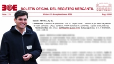 El agitador ultra Vito Quiles. De fondo el registro en el BOE de "REVIVALVQ SL" compartido por Rubén Sánchez. Elaboración propia (Imágen de Europa Press y @RubenSanchezTW)