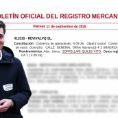 El agitador ultra Vito Quiles. De fondo el registro en el BOE de "REVIVALVQ SL" compartido por Rubén Sánchez. Elaboración propia (Imágen de Europa Press y @RubenSanchezTW)