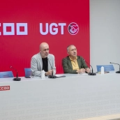 El secretario general de CCOO, Unai Sordo (i) y el secretario general de UGT, Pepe Álvarez (d), durante una rueda de prensa. Foto de archivo: Alberto Ortega / Europa Press