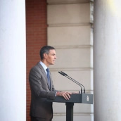El presidente del Gobierno, Pedro Sánchez durante la comparecencia en la que anunció ayer el adelanto electoral al 29 de noviembre. Pool Moncloa/Fernando Calvo y Sandra Armada