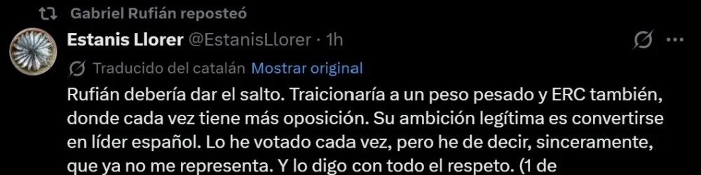 Gabriel Rufián comparte mensajes en RRSS que apoyan su paso para ir con el Frente Amplio el 29N. Fuente: X Gabriel Rufián comparte mensajes en RRSS que apoyan su paso para ir con el Frente Amplio el 29N. Fuente: X